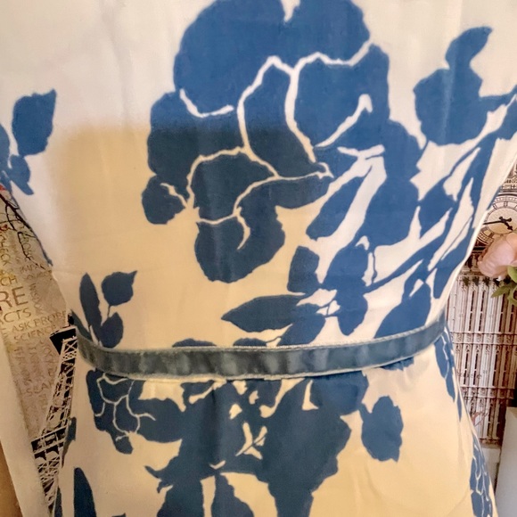 Boho Blue Floral On White Inlay Velvet Strap Accented Adjustable Midi Dress - Picture 8 of 12